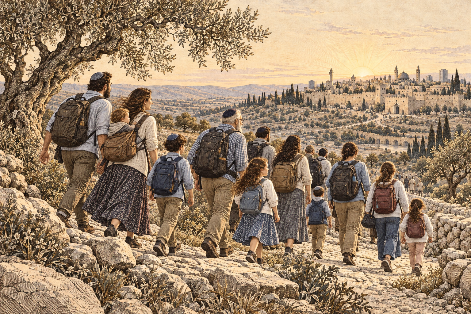 Familier i moderne klær vandrer mot Jerusalem, i kobberstikk-inspirert stil.