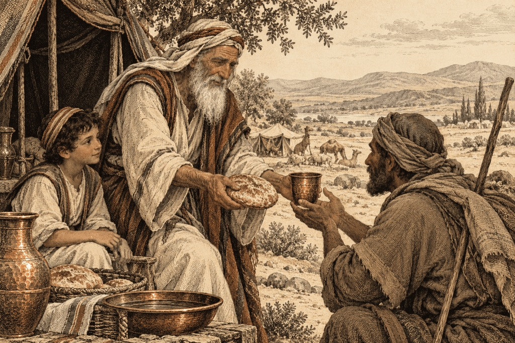 Kobberstikkinspirert illustrasjon av Abraham som gir en reisende brød og vann, mens et barn følger med.