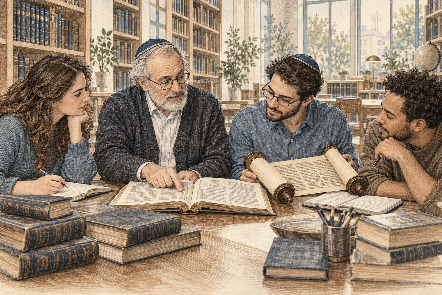 To jødiske formidlere og to andre deltakere studerer og diskuterer kildetekster i et moderne bibliotek.