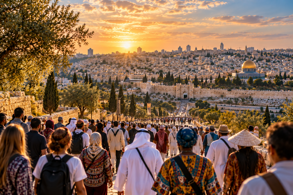 Mennesker fra mange folkeslag går mot dagens Jerusalem i gyllent kveldslys, med Klippedomen og gamlebyens murer i bakgrunnen.