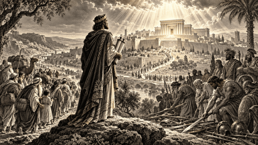 Kobberstikkinspirert illustrasjon av en davidisk konge med Tora-rull, folkeslag på vei mot Jerusalem og krigere som legger ned våpnene.