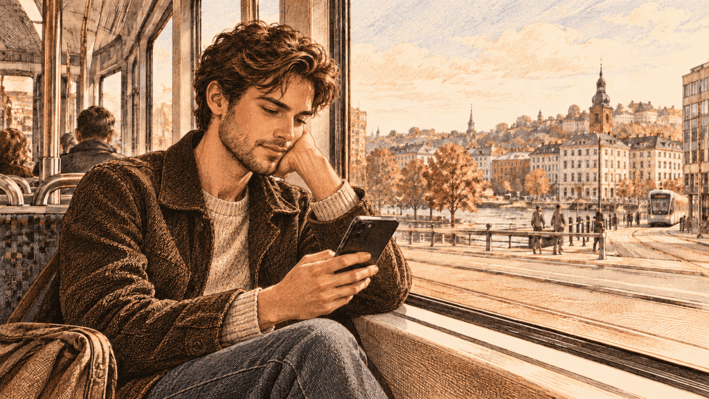 Ung mann leser på telefonen på trikken, illustrert som et moderne kobberstikk.